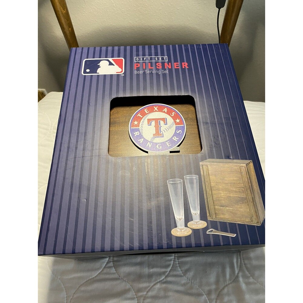 Texas Rangers MLB Pilsner Beer Serving Gift Set In Acacia Wood Case Legacy NIB